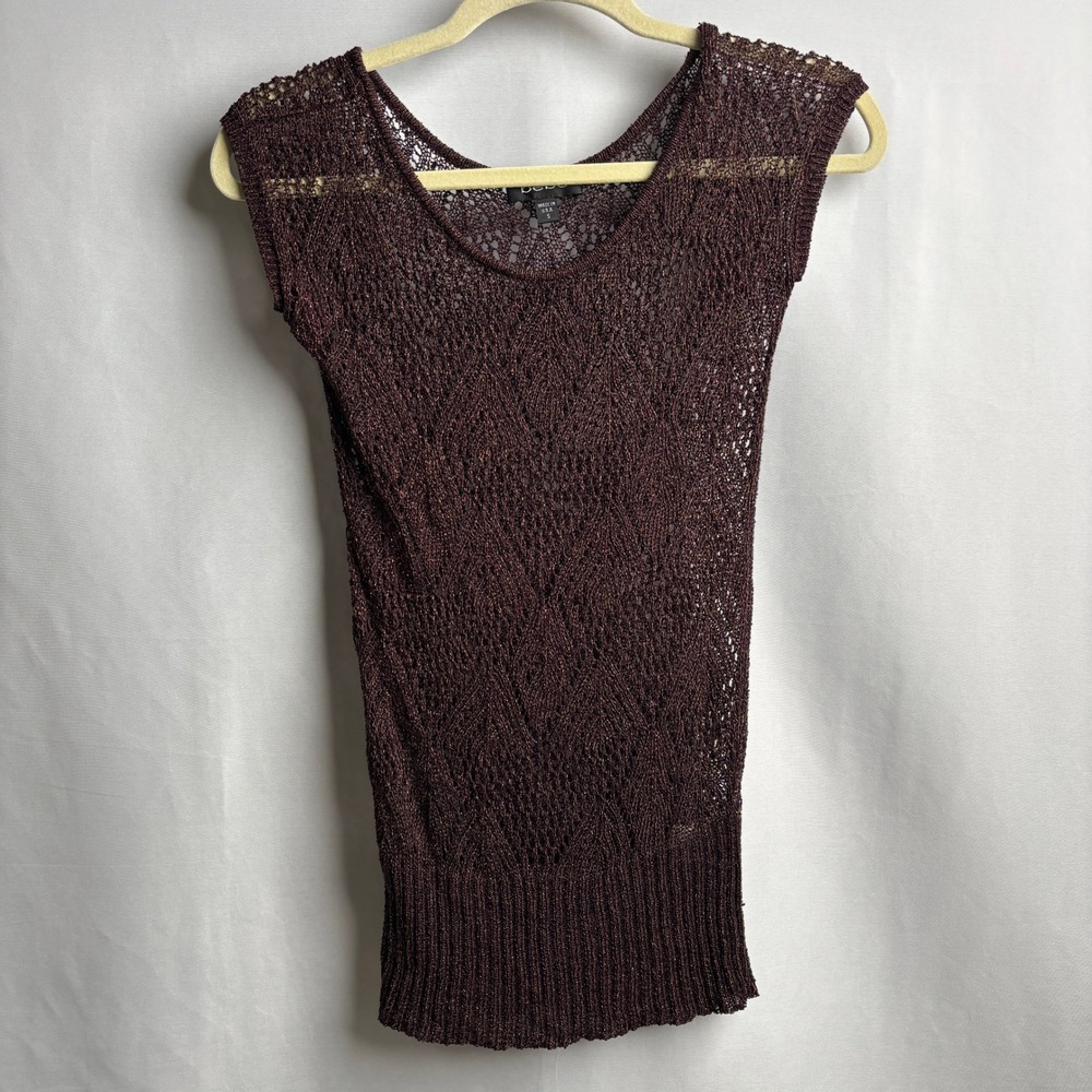 VTG Y2K‎ Bebe Brown Open Knit Cap Sleeve Fitted Sheer Top Earthy Metallic Boho S
